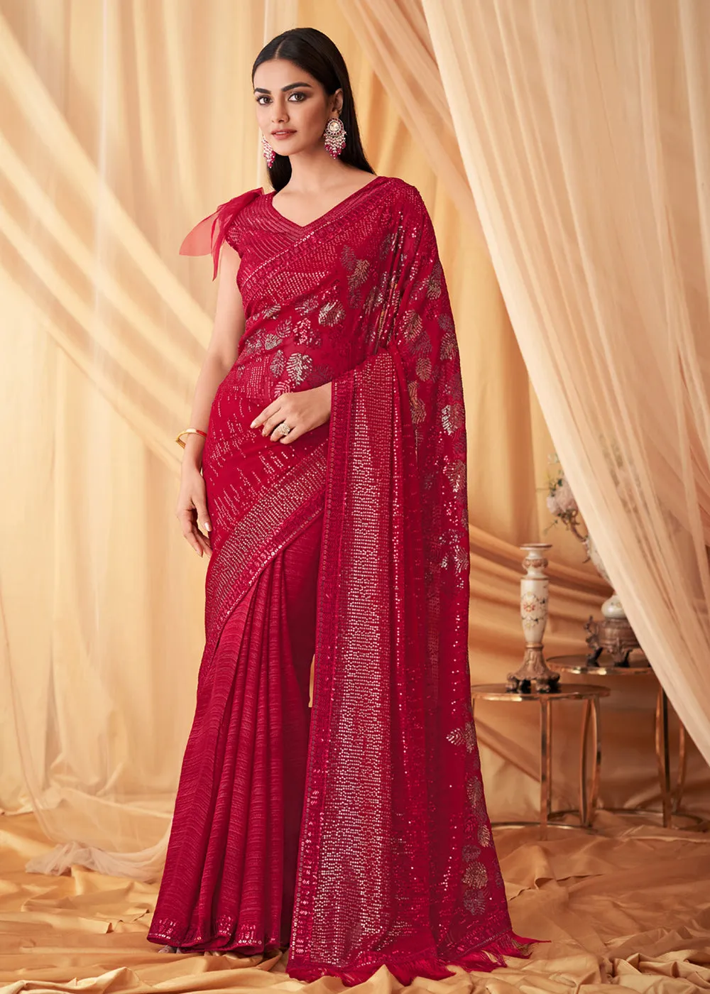 Rani Pink Georgette Embroidered Festive Party Saree