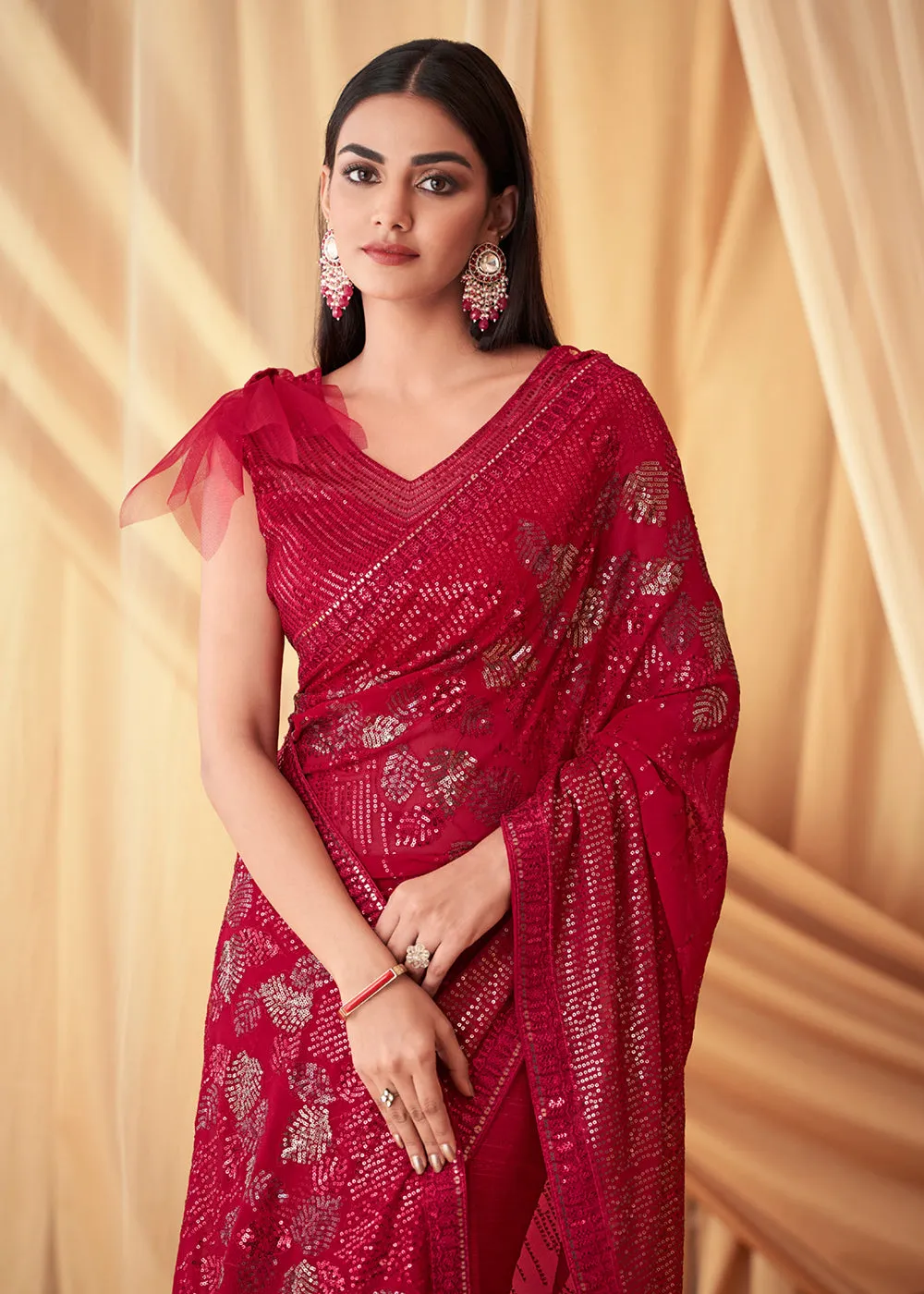 Rani Pink Georgette Embroidered Festive Party Saree