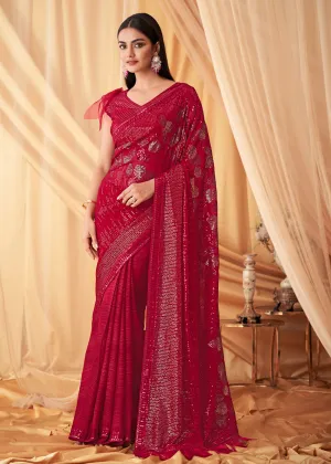 Rani Pink Georgette Embroidered Festive Party Saree