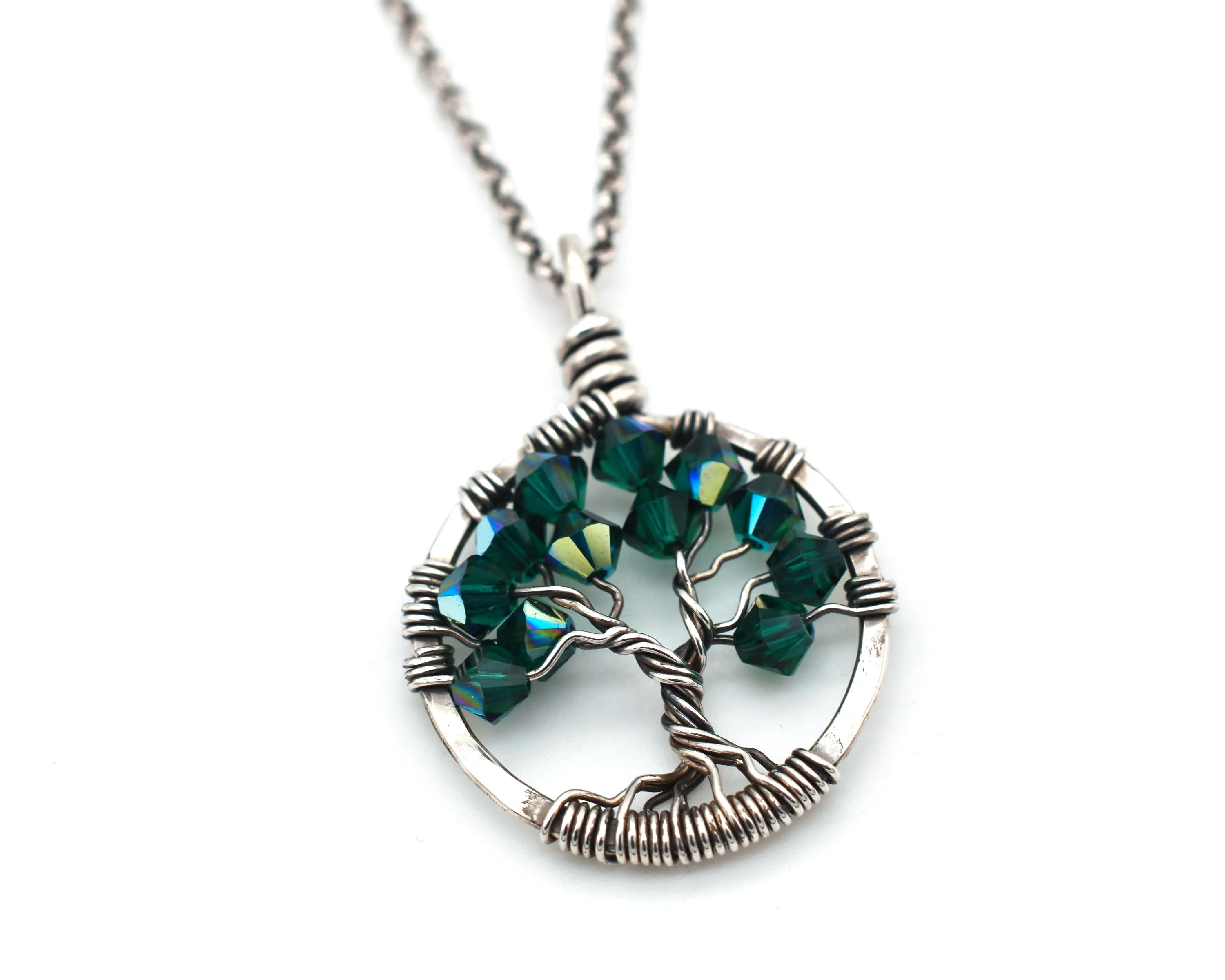 Silver Emerald Tree of Life Crystal Necklace (May)