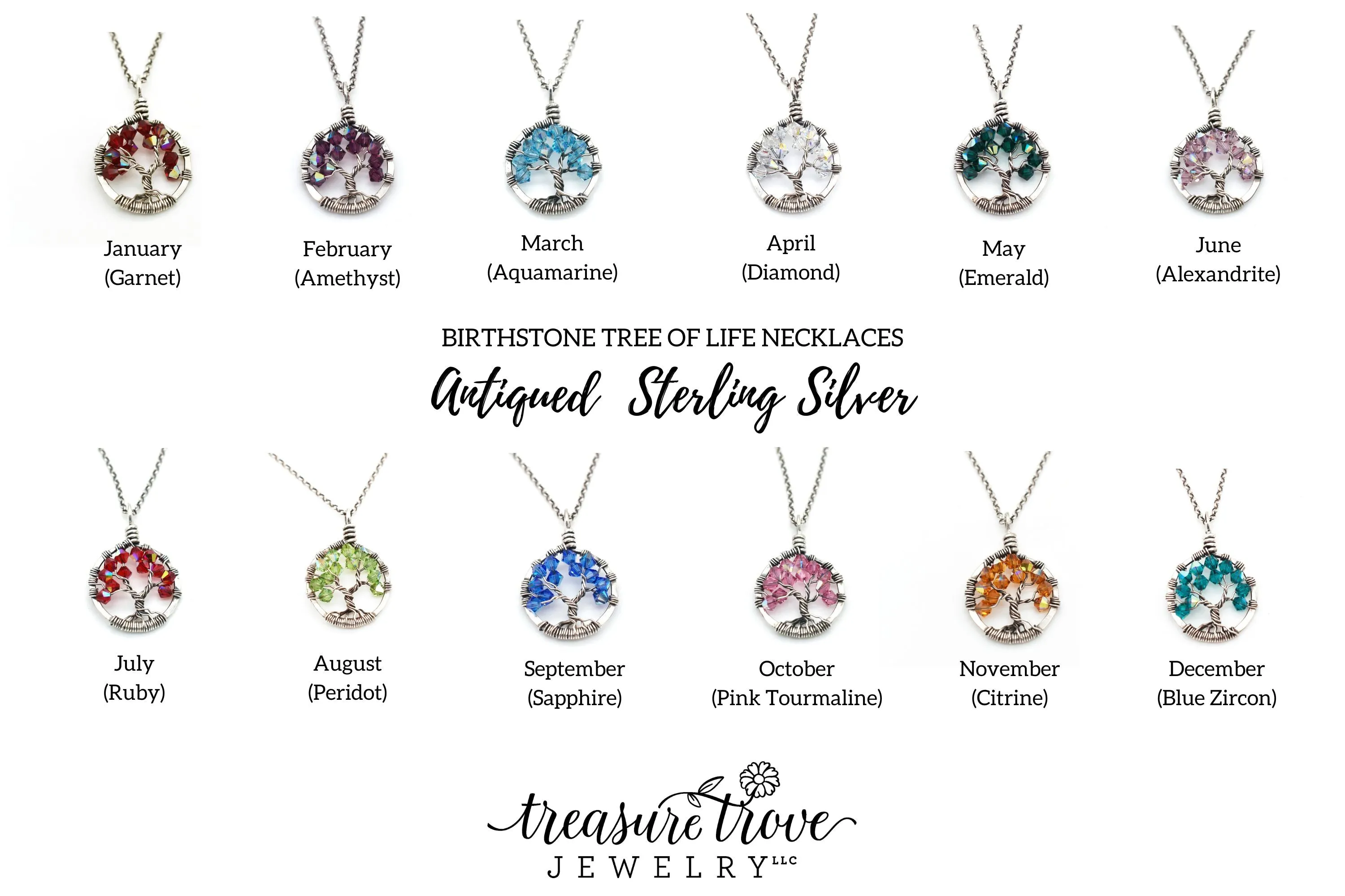 Silver Emerald Tree of Life Crystal Necklace (May)