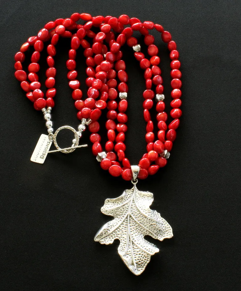 Sterling Silver Leaf Pendant with 3 Strands of Bamboo Coral Ovals, Stamped Sterling Box Beads, and Sterling Silver Toggle Clasp