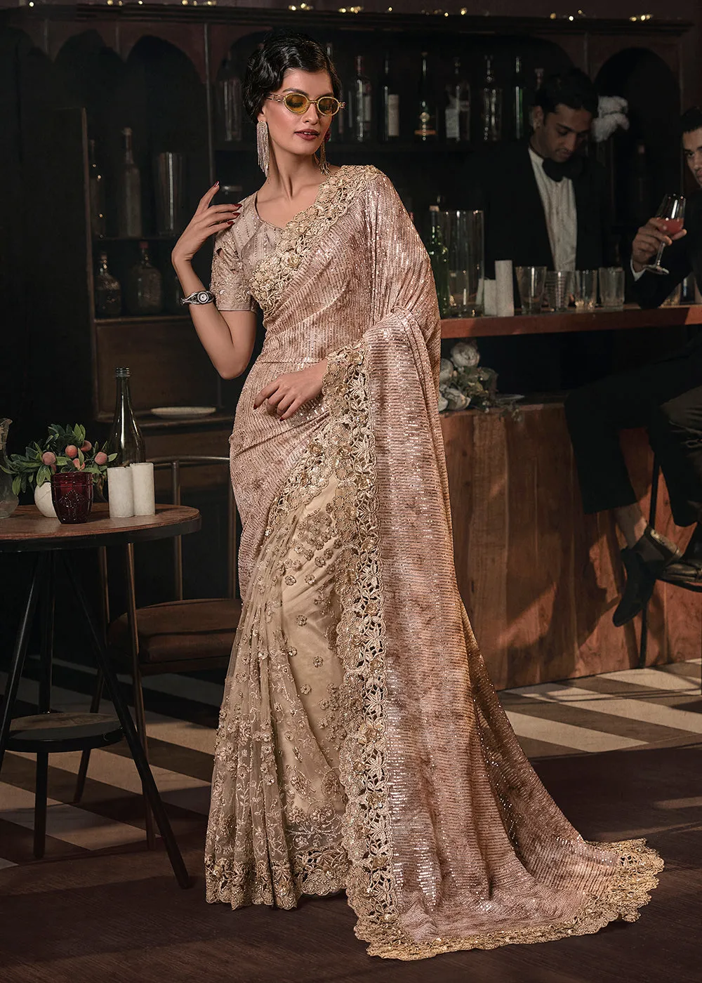 Wedding Party Chiku Brown Net Embroidered Designer Saree