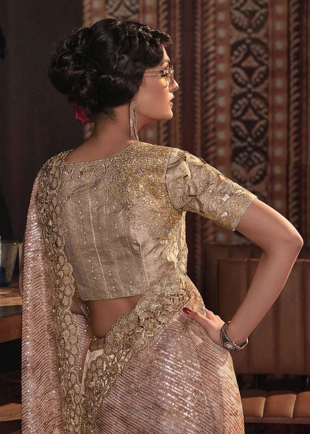 Wedding Party Chiku Brown Net Embroidered Designer Saree