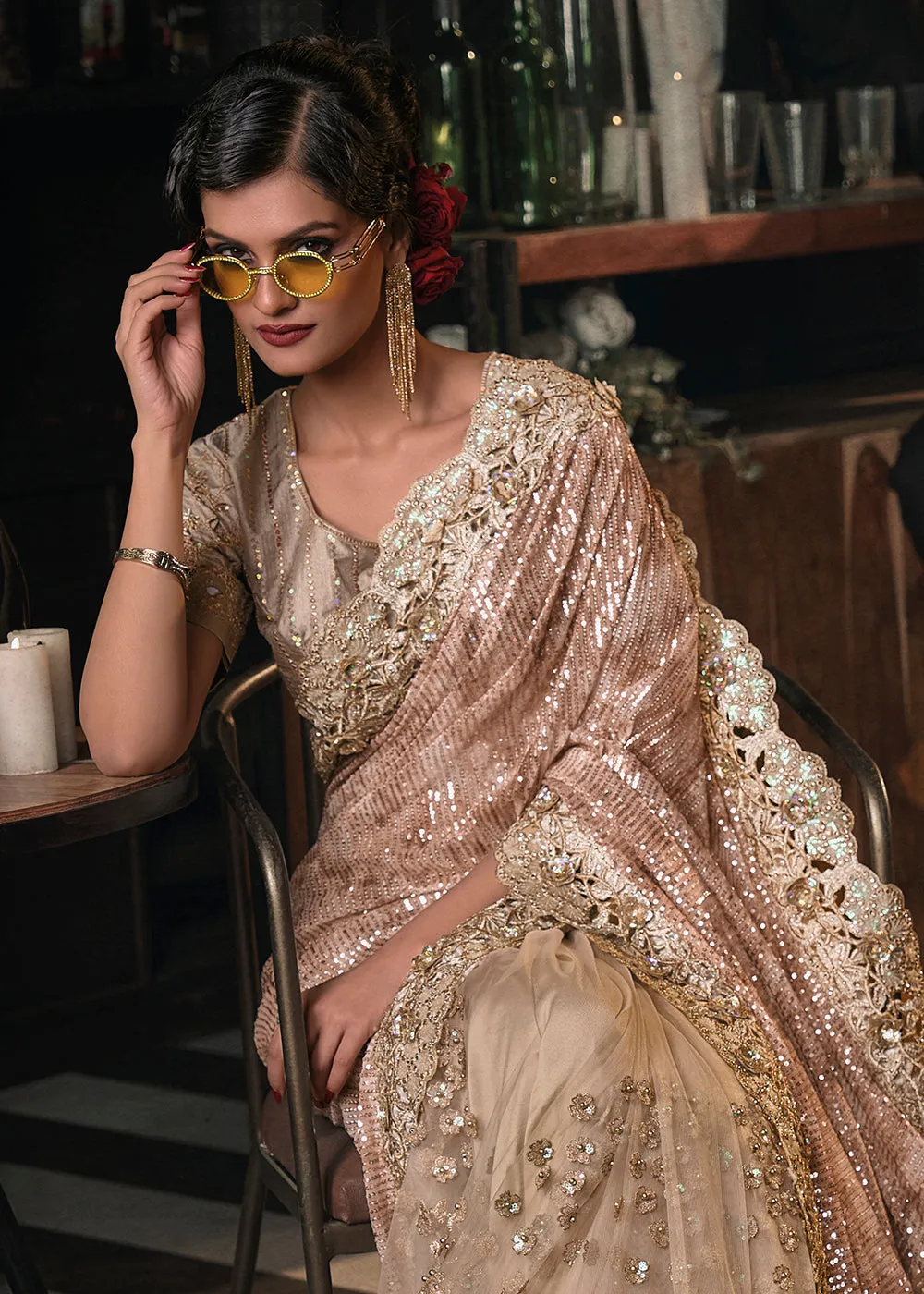 Wedding Party Chiku Brown Net Embroidered Designer Saree